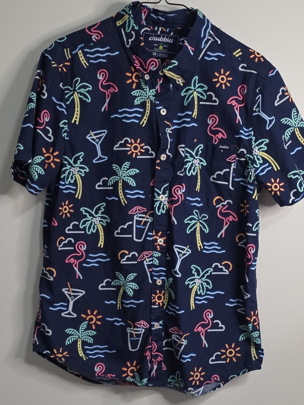 Chubbies Men's Navy Tropical Neon Print Short Sleeve Shirt